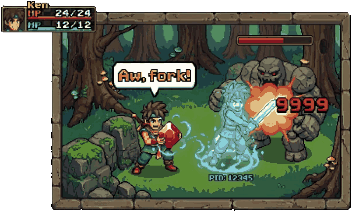A pixel-art hero shouting “Aw, fork!” while his forked clone strikes a golem.