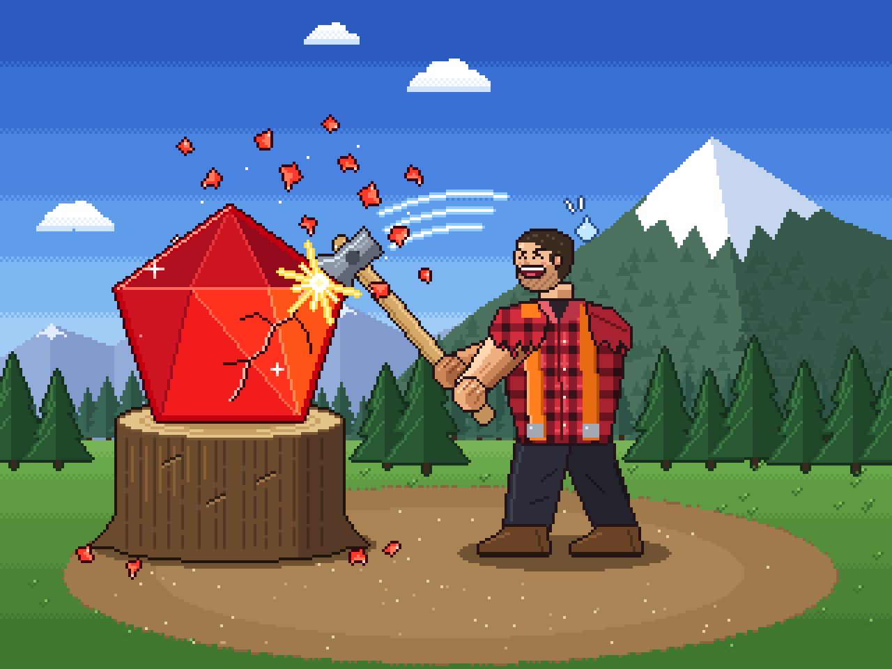 A pixel-art lumberjack splits a ruby on a tree stump with an axe; red chips fly off.